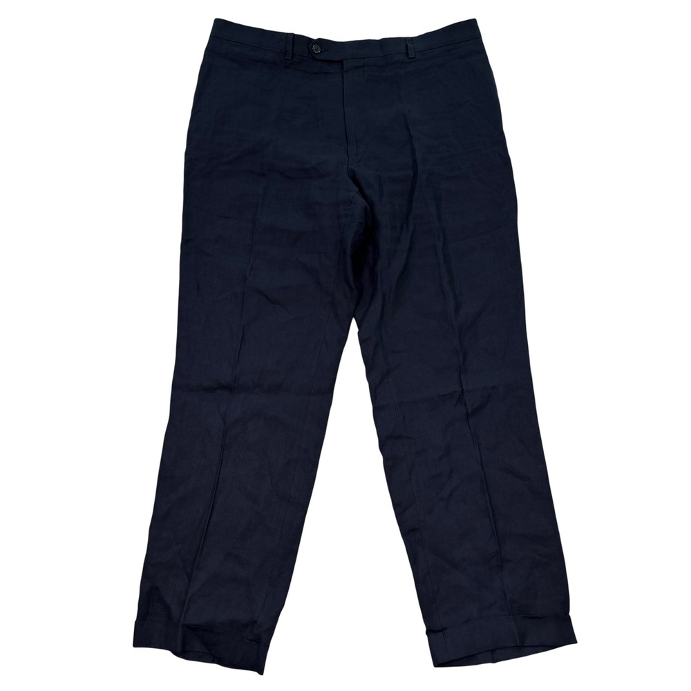 Hickey Freeman Mens 36x30 Dress Pants Navy Blue Linen Flat Front Cuffed L816S